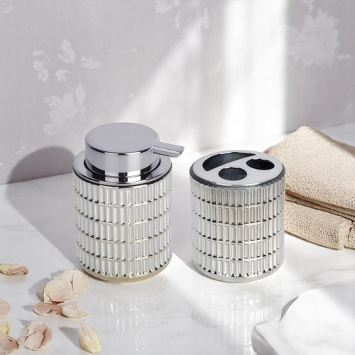 Set Accesorios Baño Dispenser Vidrio Porta Cepillo Plata