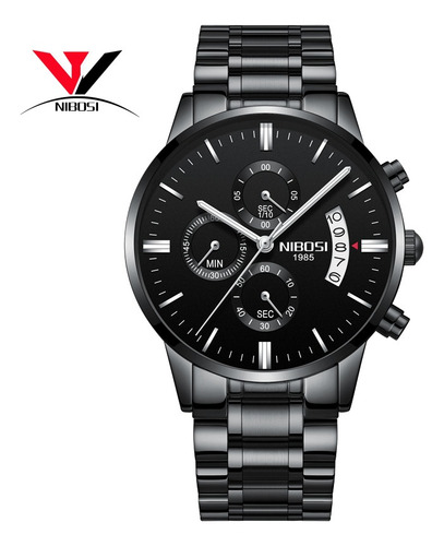 Imagen 2 de 6 de Reloj De Hombre Nibosi Negro Impermeable Con Cronógrafo