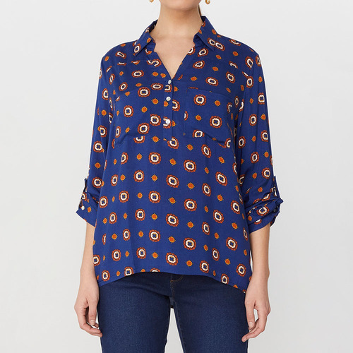 Imagen 3 de 4 de Blusa Manga Larga Cuello Camisero Estampado - Mujer Corona