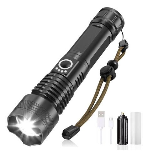 Lampara Táctica 40000lm Cree Led XHP90 USB Recargable Baterías 18650 Incluidas 5 Modos IP67 Resistente al Agua Impermeable Camping Exterior Emergencia Intermitente y Uso Diario Linterna de Mano