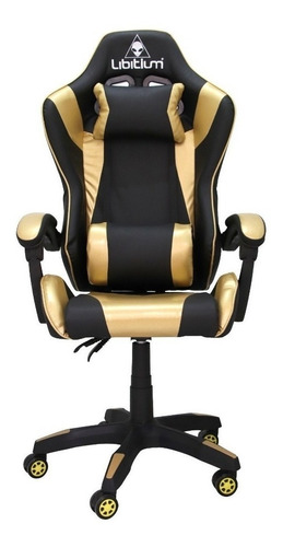 Imagen 1 de 2 de Silla de escritorio Libitium Gamer ergonómica  negra y dorada con tapizado de cuero sintético