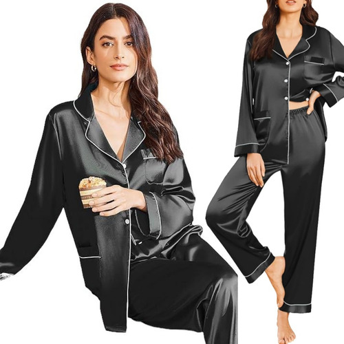 Pijama Mujer Seda Pantalon Largo Camisa Sexy Boton Bolsillos