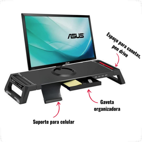 Base Para Monitor Suporte Celular Bm-100bk Com Usb E Gaveta