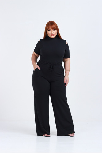 Conjunto Plus Size Calça Pantalona Wide Leg Malha Casual 