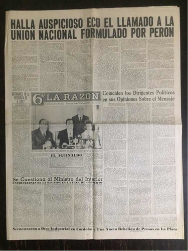 Diario La Razón 22/06/1973 Llamado Unión Nacional Perón