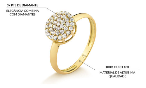 Anel Pavê Redondo Em Ouro 18k Com 37 Pontos De Diamante Aro