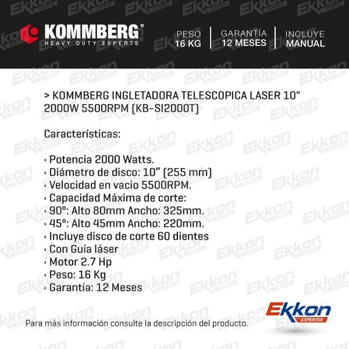 Imagen 2 de 7 de Sierra Ingletadora Telescópica 255mm 2000w 10 PLG Guía Láser