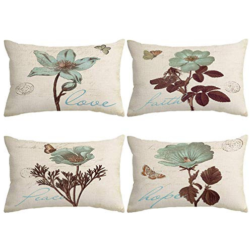Pack Of 4 Lumbar Pillow Cover Leaf Butterfly Flowers Pa...