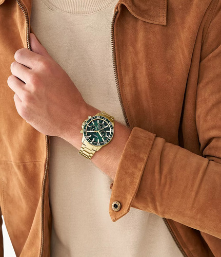Reloj Parejas Fossil Bq2754set Correa Dorado Bisel Verde Musgo Fondo Verde Musgo