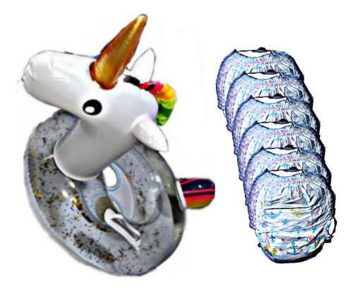 Unicornio Salvavidas Flotador Brillos Bebé+5 Pañal Acuatico 