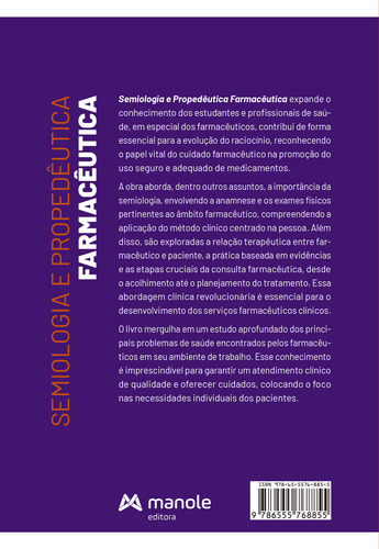 Semiologia E Propedeutica Farmaceutica: Semiologia E Propedeutica Farmaceutica, De Marini, Danyelle Cristine. Editora Manole, Capa Mole, Edição 1 Em Português, 2023
