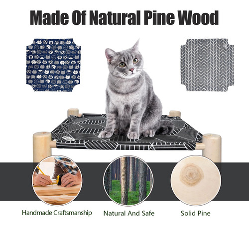 Cama Hamaca De Madera Elevada Para Mascotas Interiores Exter Diamante Negro + Flecha Gris + Gato Azul Diseño