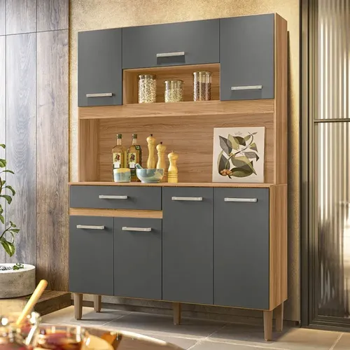 Kit Cozinha Nicioli  Magazín 120cm Freijó Chumbo Completo Com Balcão E Armário Aéreo Ideal Para Cozinhas Pequenas E Apartamentos Modernos