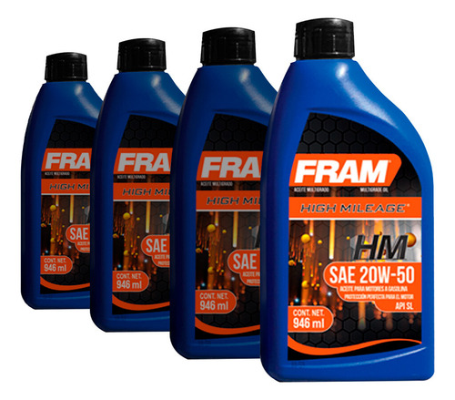 Aceite Mineral Especial Alto Kilometraje 20w50 Fram 3.78 L