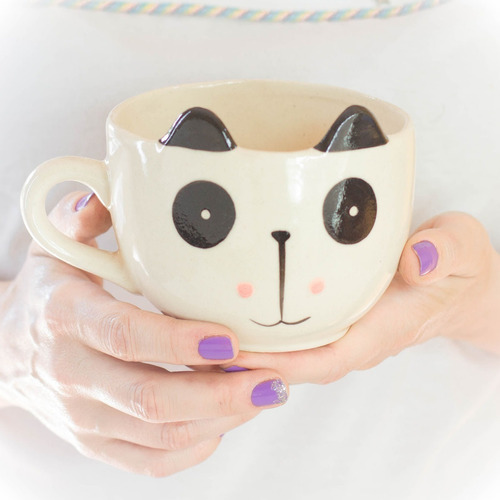 Tazón Taza Cerámica Engobes Diseño Panda Animalitos