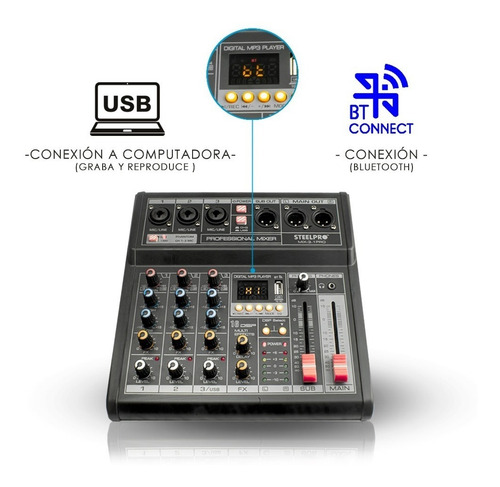 Mezcladora Steelpro Mix-3.1pro Usb Interface, 3ch+subwoofer