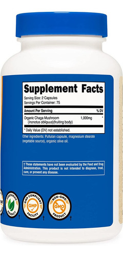 Hongo Chaga En Capsulas Suplemento 1000 Mg Con 75 Servicios Sabor Sin Sabor