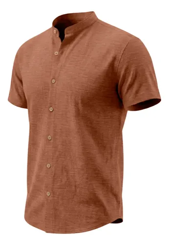 Camisa Masculina Gola Padre Manga Curta Aspecto Linho Macio