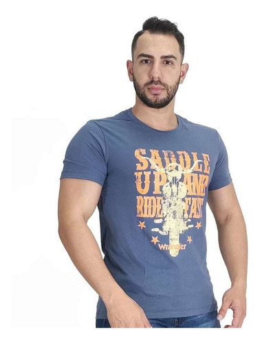 Camiseta Masculina Wrangler Azul Urbano Estampada