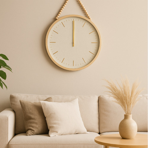 Reloj De Pared Analogico 45cm Espejo Con Soga Perlas Madera