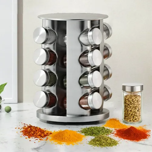 PORTA TEMPERO GIRATORIO INOX 16 POTES VIDRO COR INOX REDONDO INOX