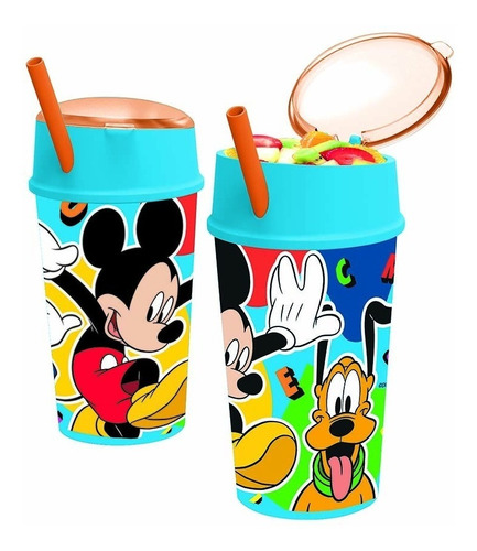 Vaso Plástico Con Sorbete Y Tapa Porta Cereales Mickey Mouse