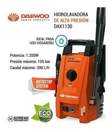 Imagen 6 de 9 de Hidrolavadora Daewoo Eco Dax 1130 Naranja Y Negra 105 Bar