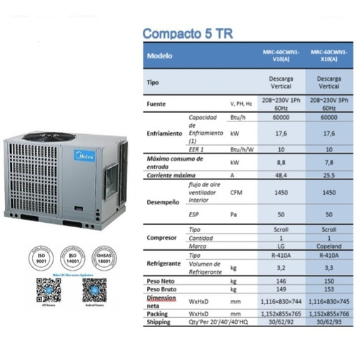 Acondicionador De Aire Compacto De 5 Toneladas 220 Voltios