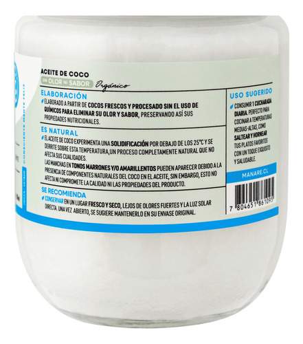 Aceite De Coco Orgánico Sin Olor Ni Sabor Manare 200 Ml