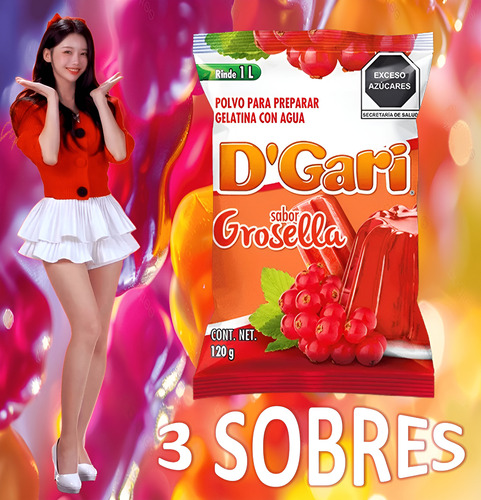 Dgari® 3 Gelatinas De Agua Sabor Grosella Rinde Un Litro Wow
