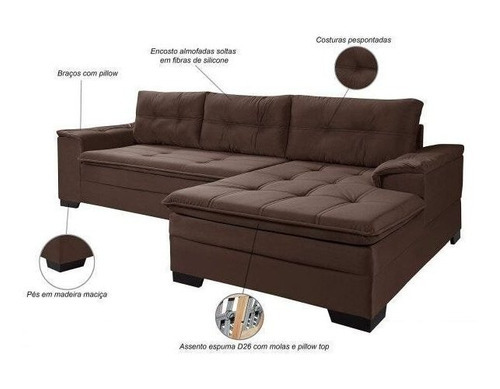 Sofá 3 Lugares Com Chaise Suede Aveludado Império