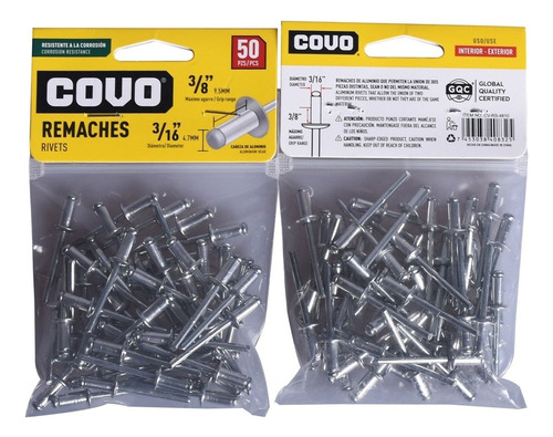 Remaches 3/16 X 3/8 (4.7mm X 9.5mm) Marca Covo (paq X 200)