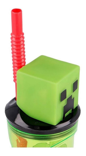 Imagen 2 de 4 de Vaso Minecraft Con Figura 3d Tapa Y Sorbete Cresko Mi023