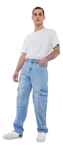 Jeans Hombre Straight Fit Azul Claro Cargo Corona