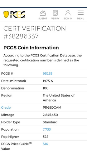 Moneda De 10 Centavos (1 Dime), Certificada. Año 1975, S