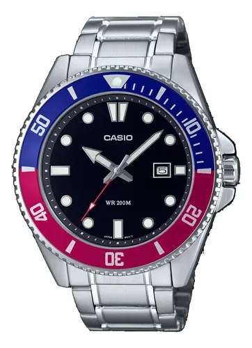 comprar Reloj Casio Hombre Mdv-107d-1a3 Analogico 200m Acero Inox Color De La Malla Plateado Color Del Bisel Rojo Y Azul Color Del Fondo Negro