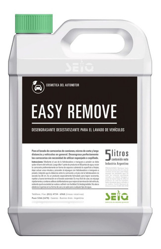 Easy Remove Seiq 5l Desengrasante Desestatizante Lavado Auto