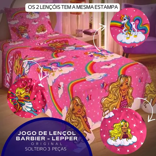 Jogo de Cama Solteiro Infantil Lepper Barbie Super Princesa Rosa