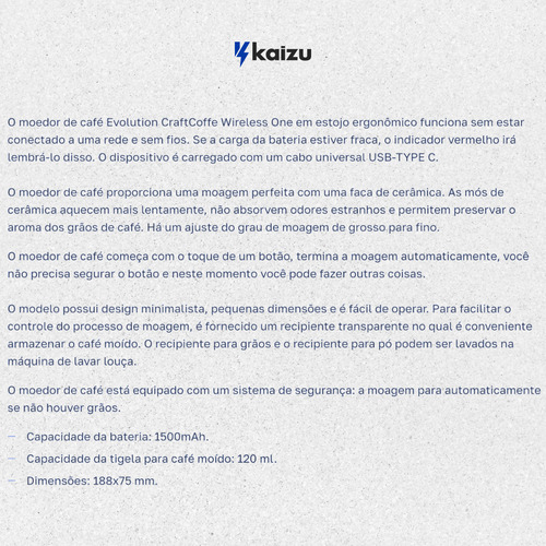 Moedor E Triturador De Café Grãos Elétrico Portatil Recarregável Kaizu