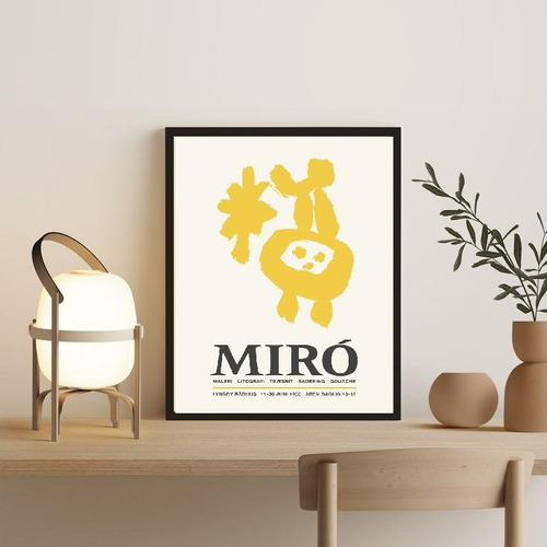 Quadro Abstrato Amarelo Poster Miró 33x24cm - Moldura Branca