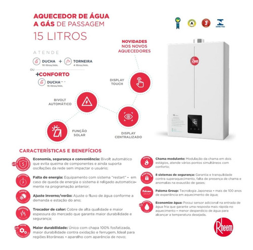 Aquecedor 15 Litros Digital Ef Bivolt Glp Rheem Branco Glp