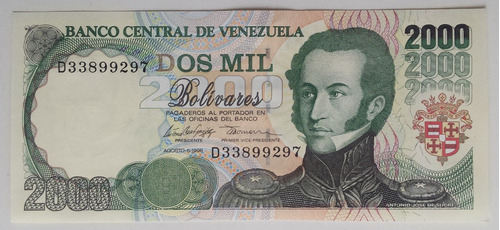 Imagen 1 de 2 de Billete Venezuela 2000 Bs Agosto 6 1998 D8 Unc