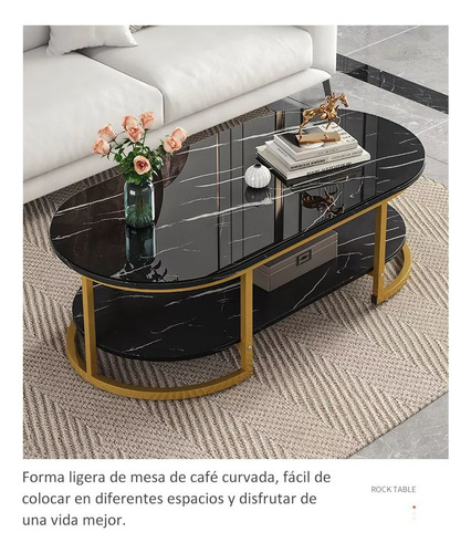 Mesa De Centro Moderno Veteado Doble Capa De Mármol Auxiliar Negro