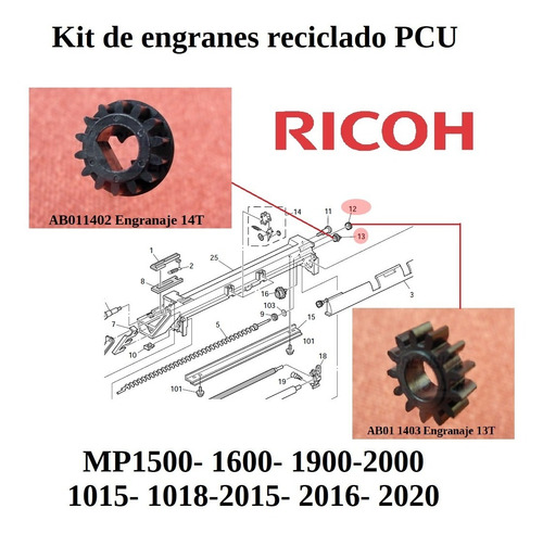 Imagen 1 de 1 de Kit De Engranes Pcu Reciclaje 2015- 2016- 2020 Mp1500- 2000