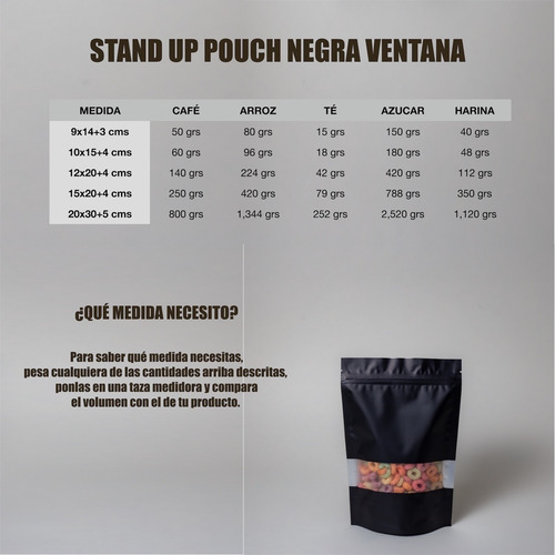 Imagen 3 de 6 de 50 Bolsa Stand Up Pouch Cierre Negro Mate Ventana De 50 Grs