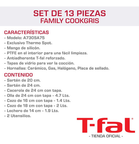 Imagen 3 de 5 de Batería Cocina T-fal 13 Piezas Family Cook Más Antiadherente