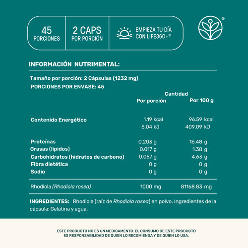 Life 360+ 90 Cápsulas Con Raiz Rhodiola