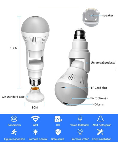 Imagen 8 de 9 de Camara Wifi Lampara Espia 360 1080 Hd C/ Audio Bidireccional