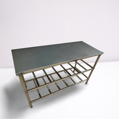 Bancada Mesa 130x40 Inox Industrial 2 Prateleiras Gradeadas