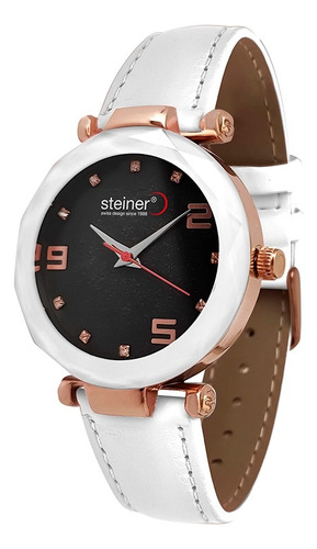 Reloj Análogo Para Dama Steiner Correa De Piel 36mm 3atm Correa Blanco Bisel Blanco Fondo Negro